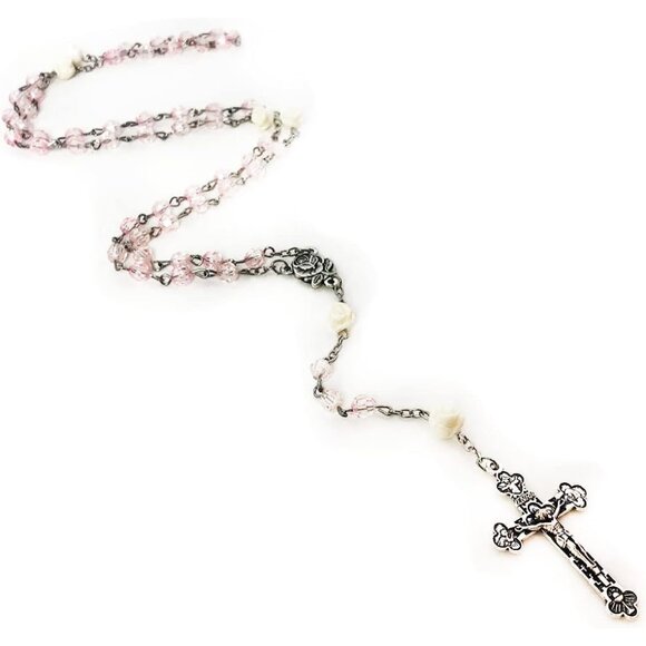 Lourdes Blush Pink Crystal Bead Rosary Necklace for Women with Virgin Mary Cente - Picture 5 of 6
